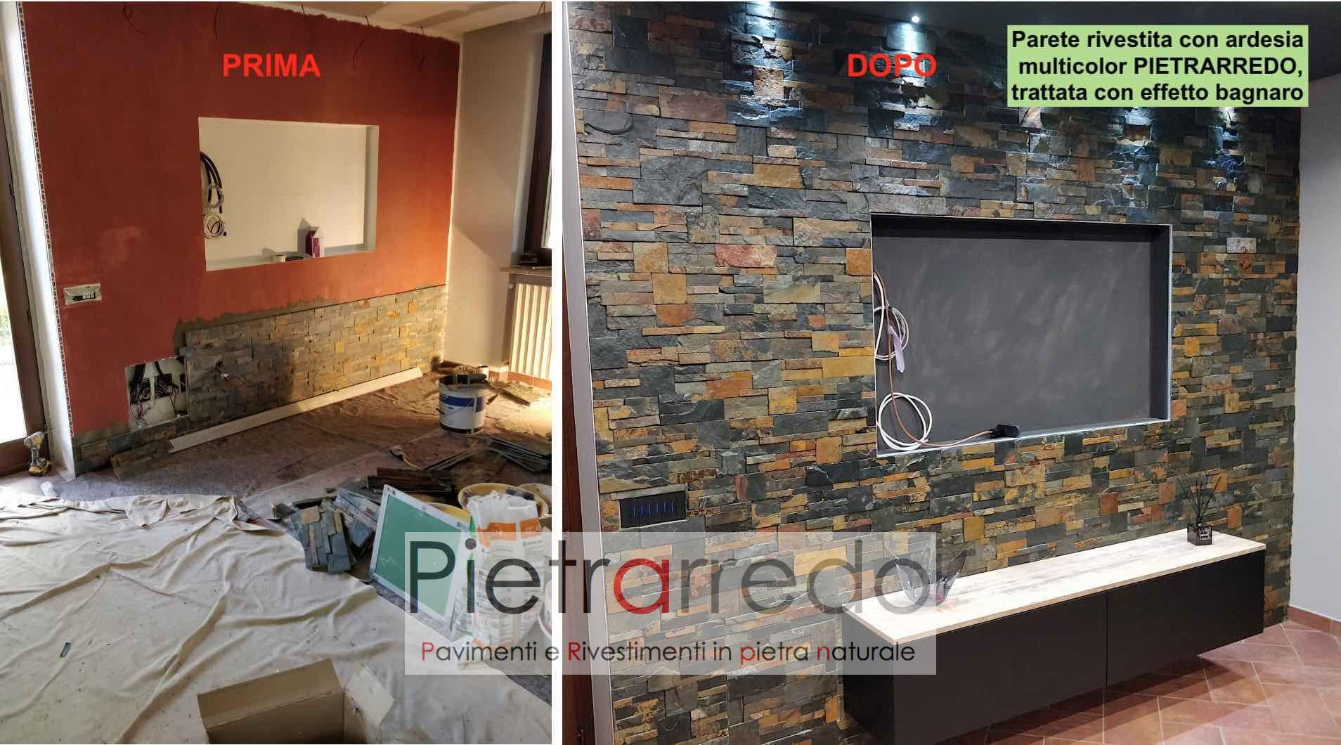 parete sala con rivestimento in pietra ardesia multicolor pietrarredo pietrarredo milano costo prezzo televisore