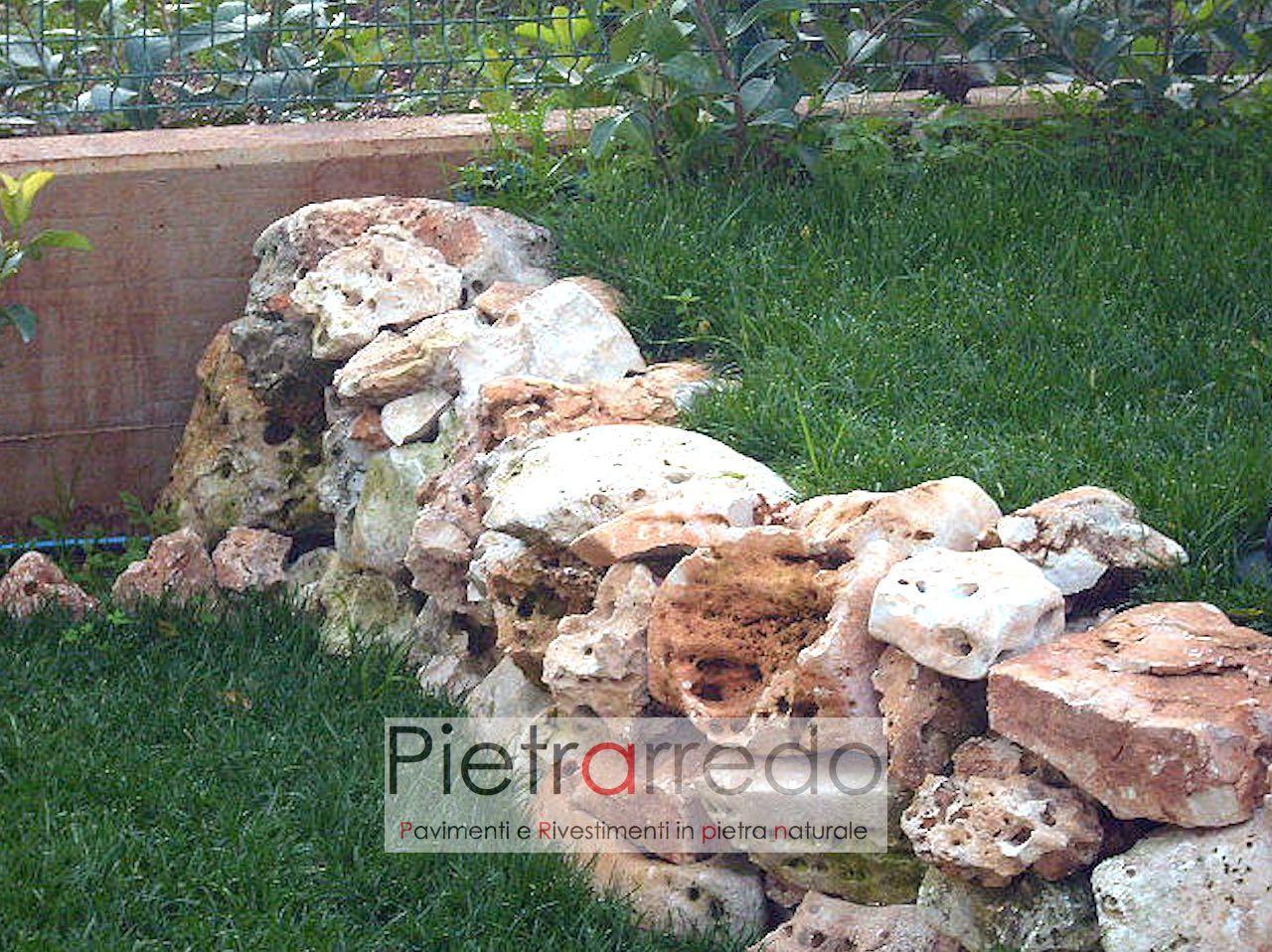 pietra ornamentale da giardino roccioso beige con buchi offerte trani travertino bucata pietrarredo milano aiuole