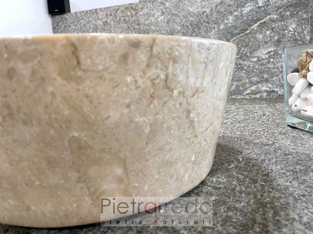 Lavabo en marbre Botticino travertin poli support rond 40 cm beau prix pietrarredo élégant Italie