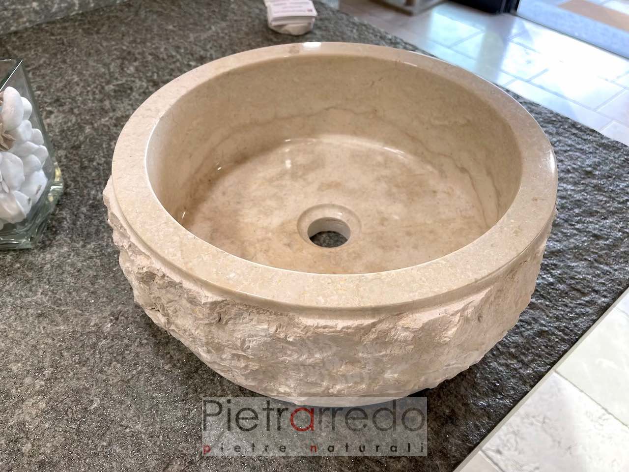 round countertop sink for beige Pietrarredo bathroom Italian style