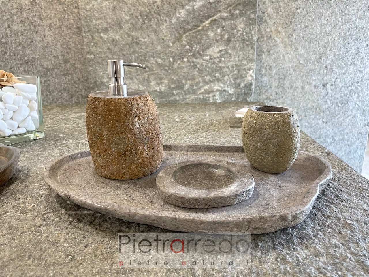 Set accessori arredo bagno in pietra naturale eseguito artigianalmente a  mano