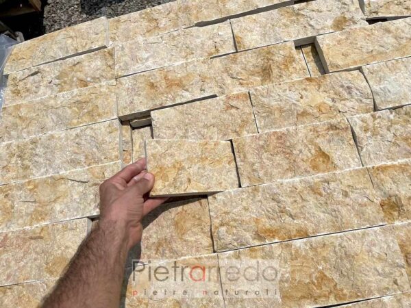 Rivestimento in pietra spaccatello scoppato in marmo giallo reale altezza 10 cm prezzo costo metro pietrarredo italia stone