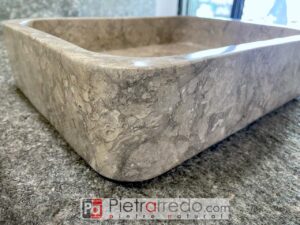 Lavabo de salle de bain rectangulaire en marbre et pierre naturelle brillante, 45cm x 35cm, couleur gris beige, prix coût pietrarredo mod 31