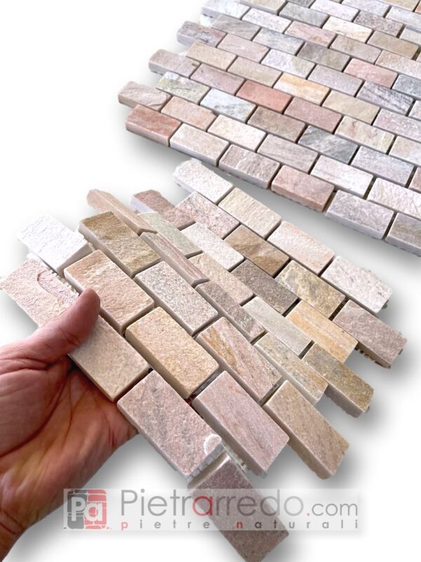 mosaic offer on mesh in pink Brazilian quartzite stone tiles for bathrooms and shower trays pietrarredo price