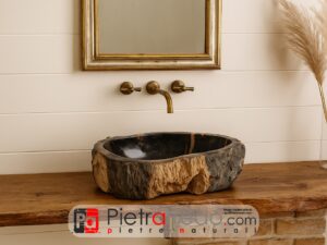 lavandino rustico da bagno in legno fossile ambiente con inteligenza artificiale pietrarredo pietra naturale prezzo costo stock