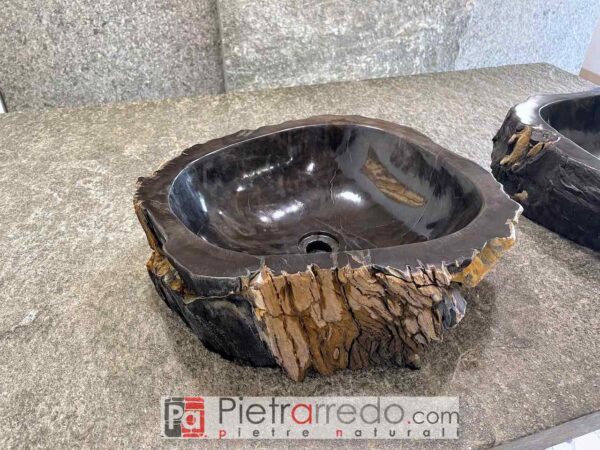 offerta lavandino lavello da bagno in legno fossilizzato fossile indonesiano pezzi unici nero con ciorteccia pietrarredo prezzo 50 cm