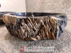 offerta lavandino lavello da bagno in legno fossilizzato fossile indonesiano pezzi unici nero con ciorteccia pietrarredo prezzo 50 cm costo