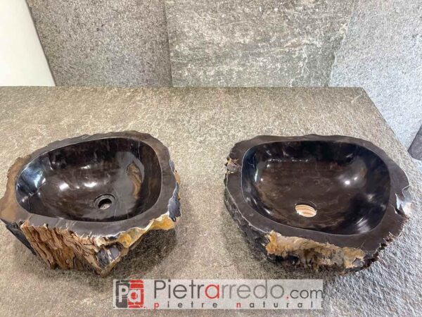 offerta lavandino lavello da bagno in legno fossilizzato fossile indonesiano pezzi unici nero con ciorteccia pietrarredo prezzo 50 cm indonesia