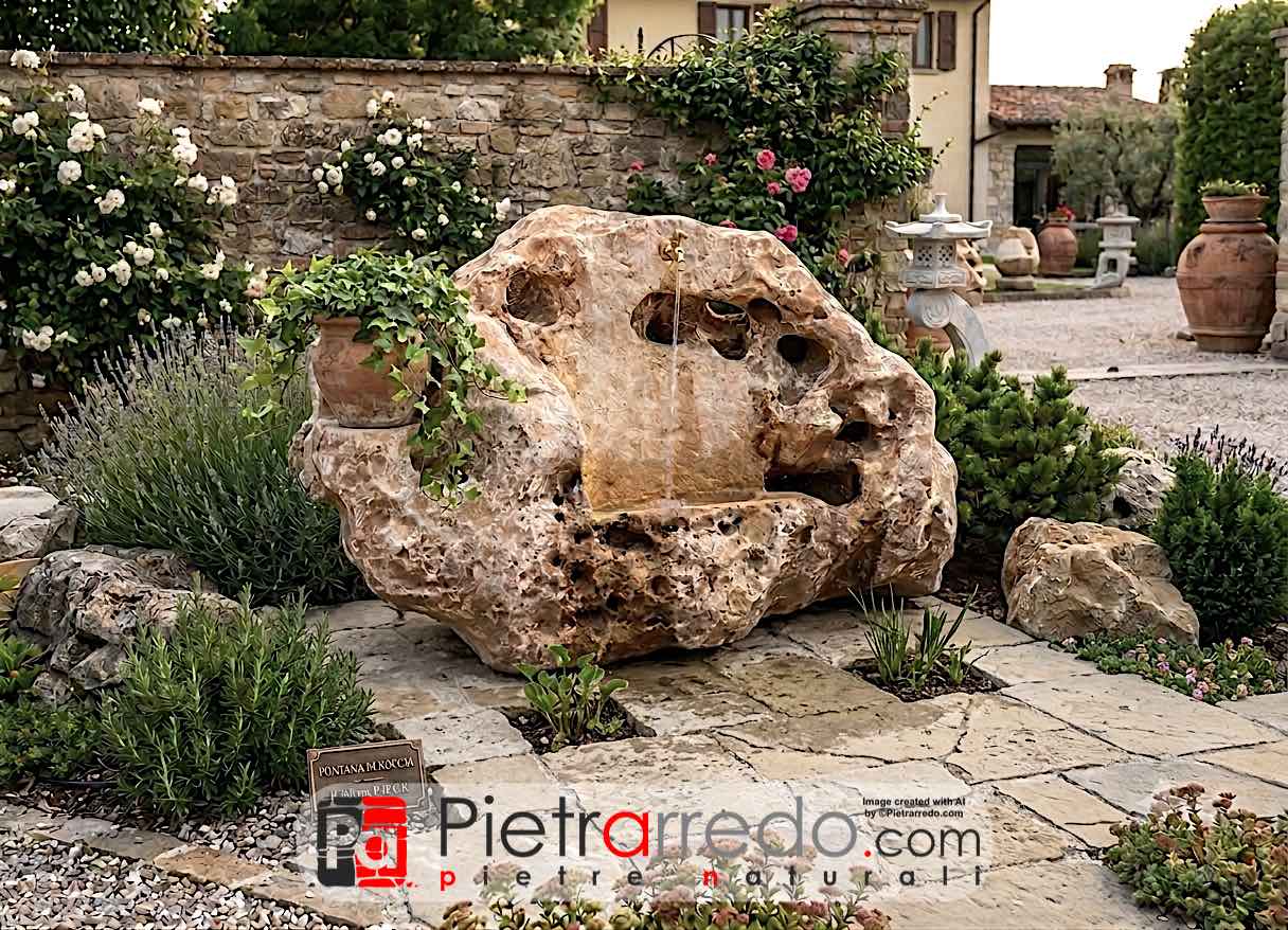 Fontanone gigante da giardino in roccia-pietra scavata, esemplare unico Mod. F16. Peso 2100kg – altezza 140cm