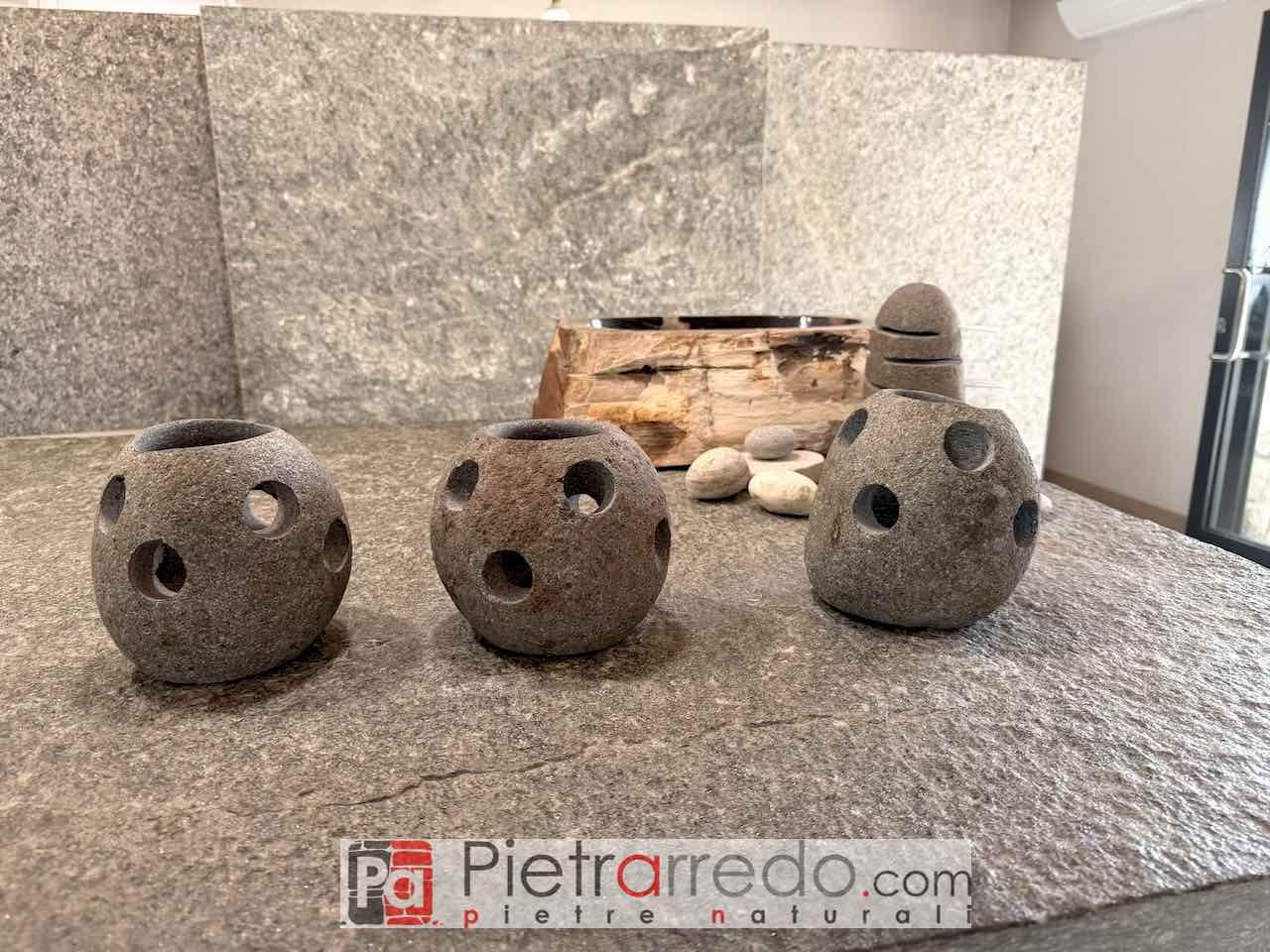 Porta candela- Punto luce “MOD 3” in sasso, ciottolo naturale di fiume scavato